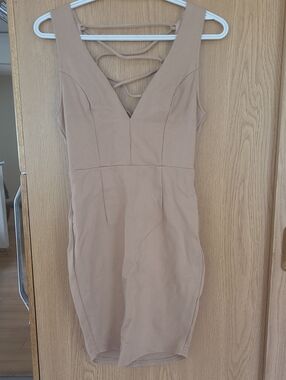 Blush Tan Sleeveless V-Neck Mini Dress with Strappy Back